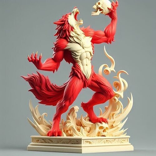 848 Ivory Werewolf Howling with Skull  horror beast 3D print model