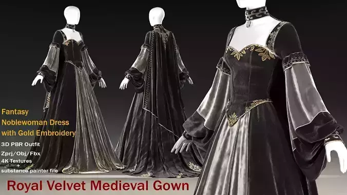 Royal Velvet Medieval Gown 3D model