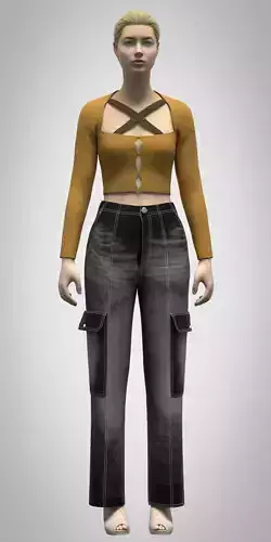 womens cargo pant and cut out tshirt rigged model Low-poly 3D model