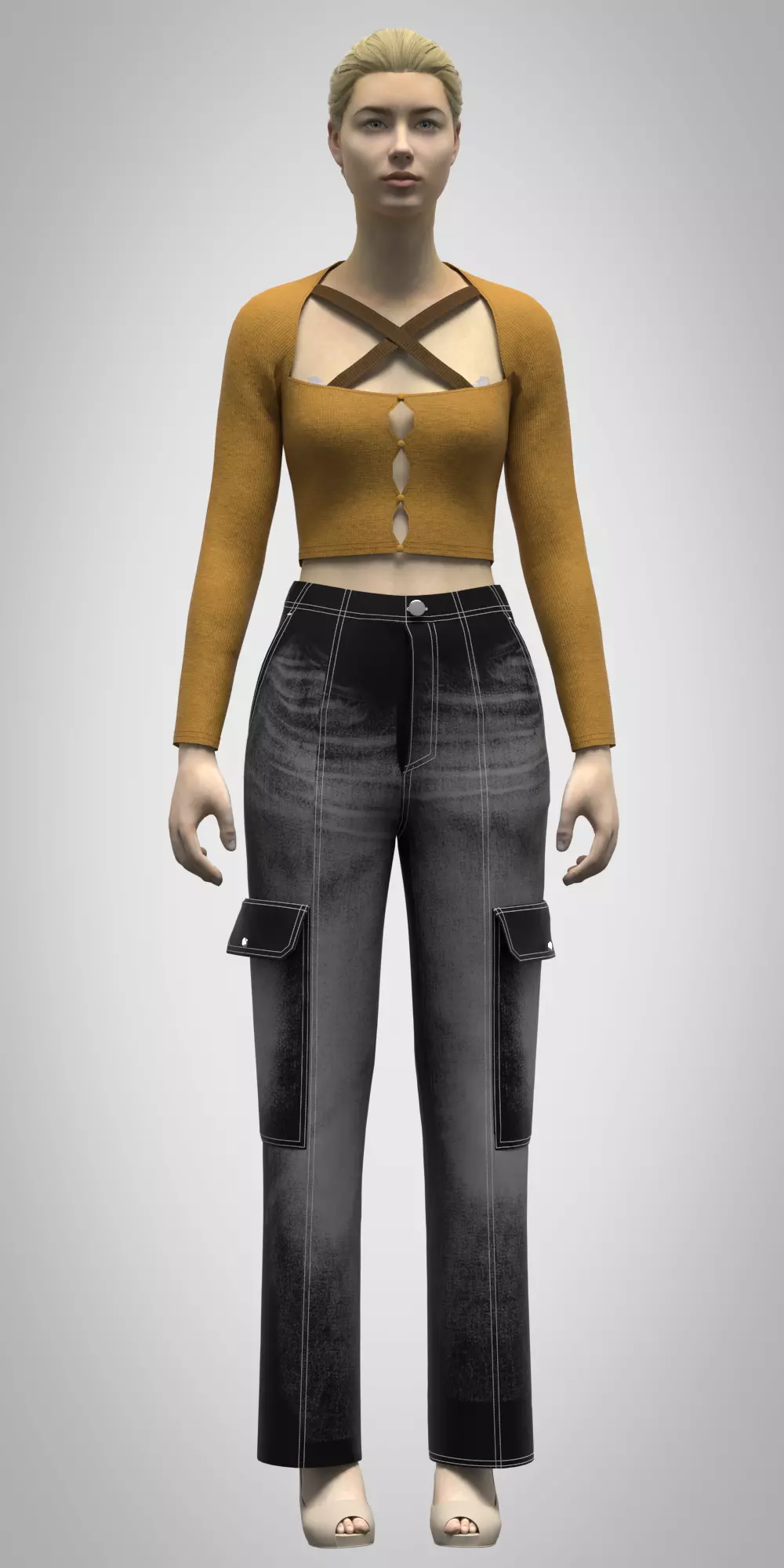 womens cargo pant and cut out tshirt rigged model Low-poly 3D model_0