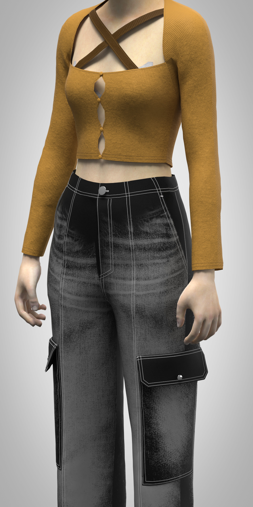 womens cargo pant and cut out tshirt rigged model Low-poly 3D model_2