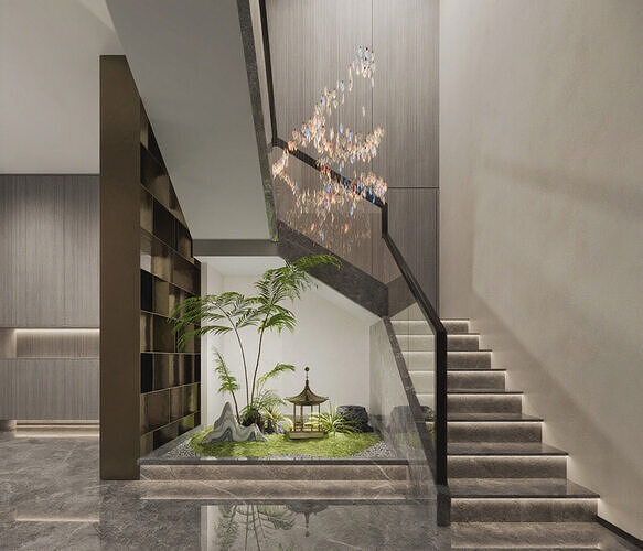 Modern Interior Staircase With Mini Landscape 3D Design 3D model