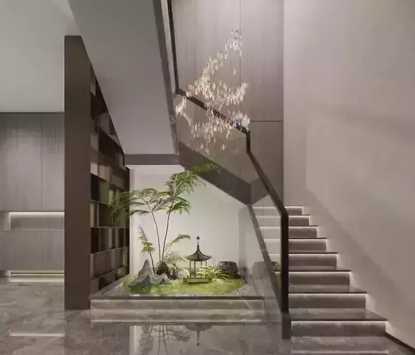 Modern Interior Staircase With Mini Landscape 3D Design