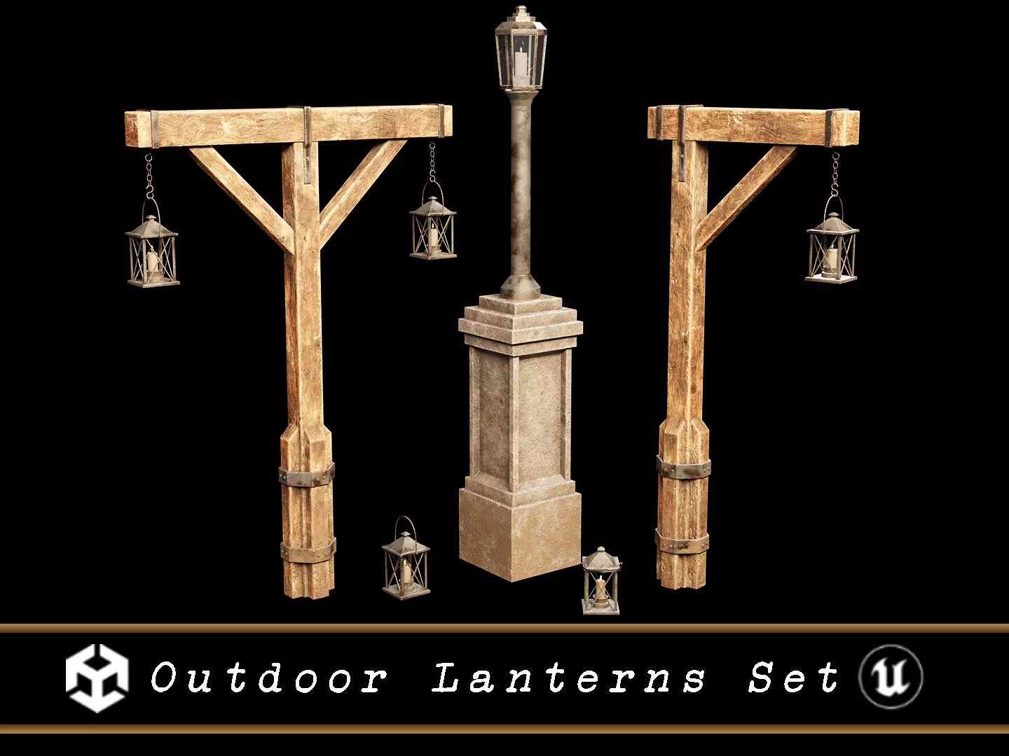Medieval Outdoor Lanterns Set Low-poly 3D model