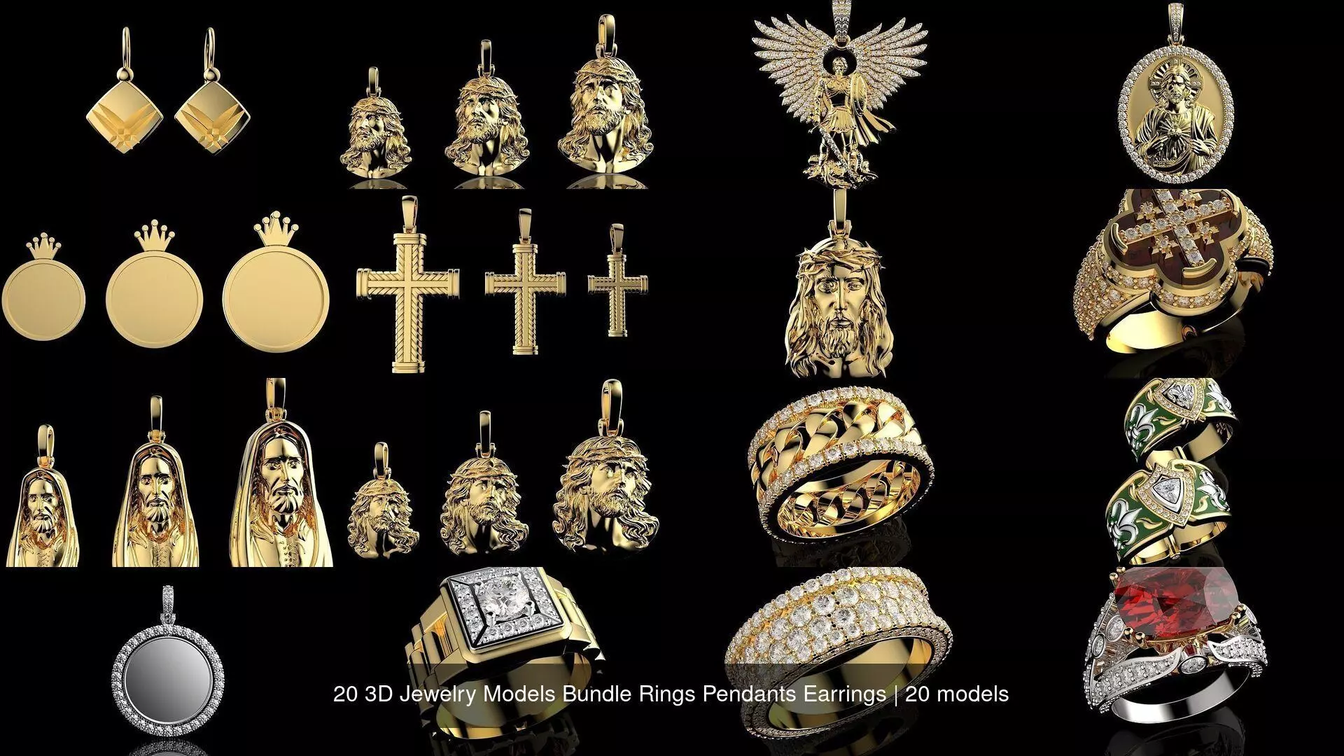 20 3D Jewelry Models Bundle Rings Pendants Earrings 3D Model Pack