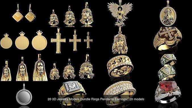 20 3D Jewelry Models Bundle Rings Pendants Earrings 3D Model Collection