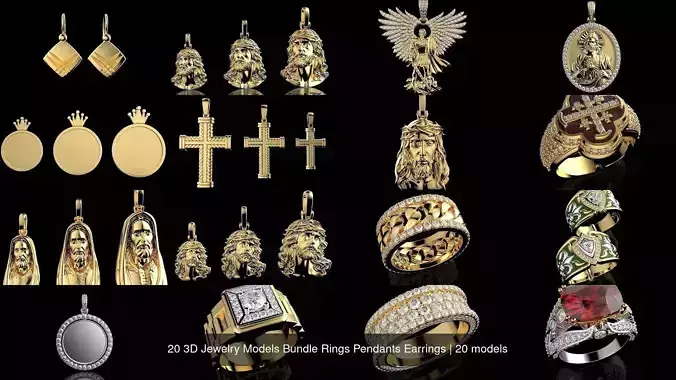 20 3D Jewelry Models Bundle Rings Pendants Earrings 3D Model Collection