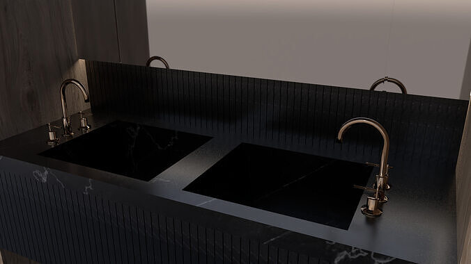 Modern Double Black Marble Sink with Brass Faucets Low-poly 3D model