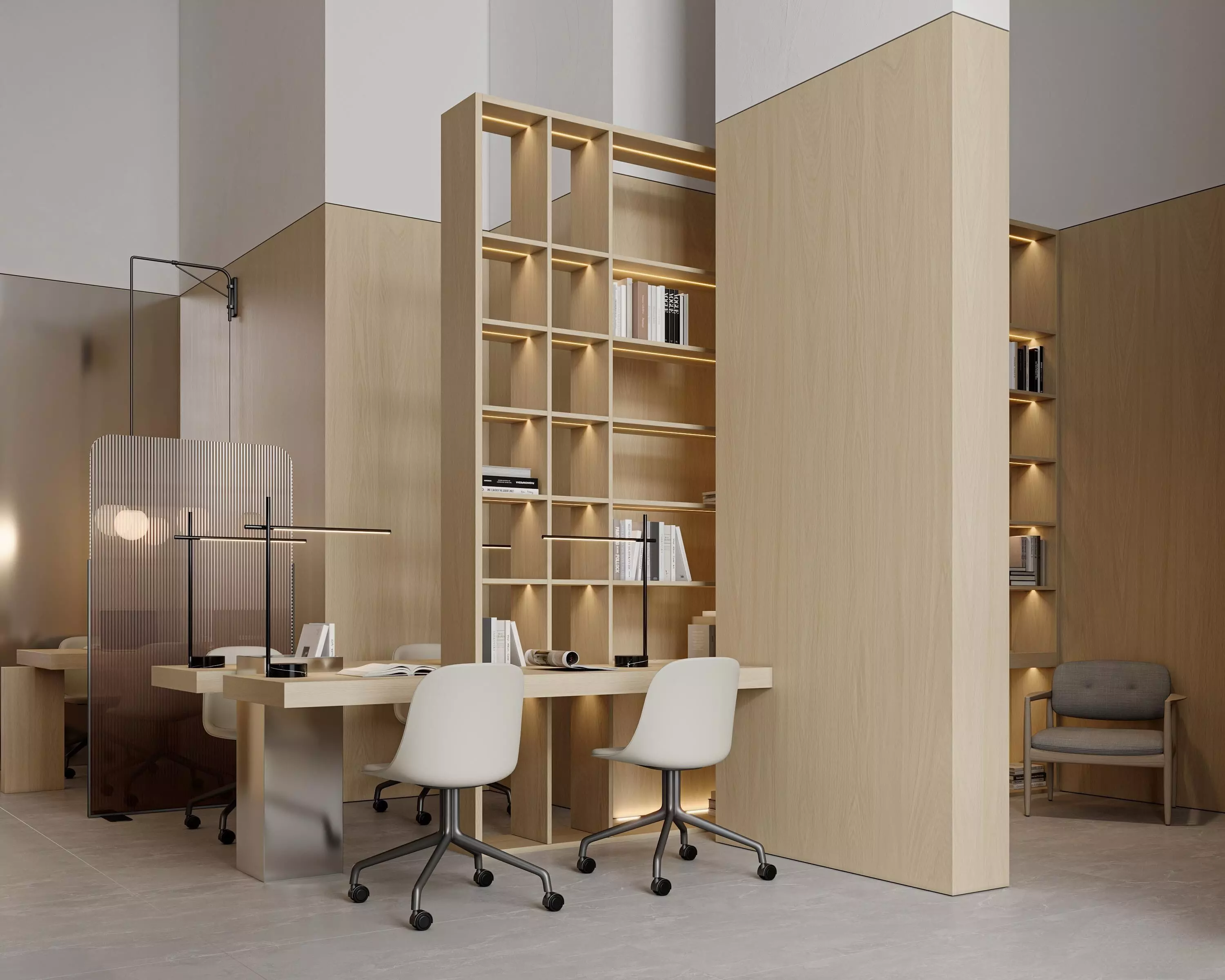 Modern Wood Library and Reading Workspace Interior Scene 3D model