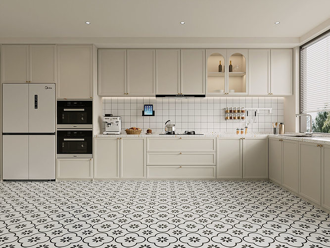 Vintage Cream Kitchen with Patterned Tile Floor 316 3D model