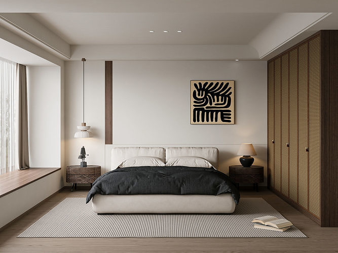 Modern Natural Bedroom with Wooden Wardrobe 313 3D model