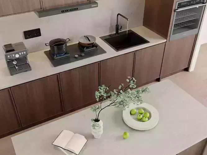 Modern Dark Wood Kitchen with Coffee Machine 311 3D model