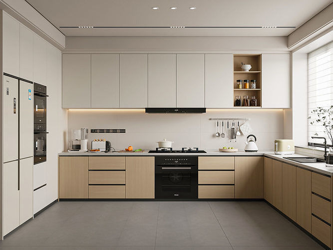 Modern U-Shaped Kitchen with Wood and White Cabinets 307 3D model