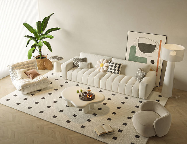 Cream Modern Living Room with Playful Decor 294 3D model