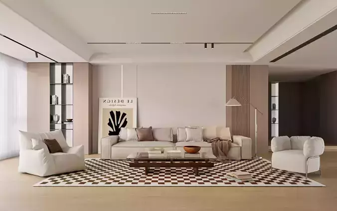 Modern Cream Living Room with Checkerboard Rug 292 3D model