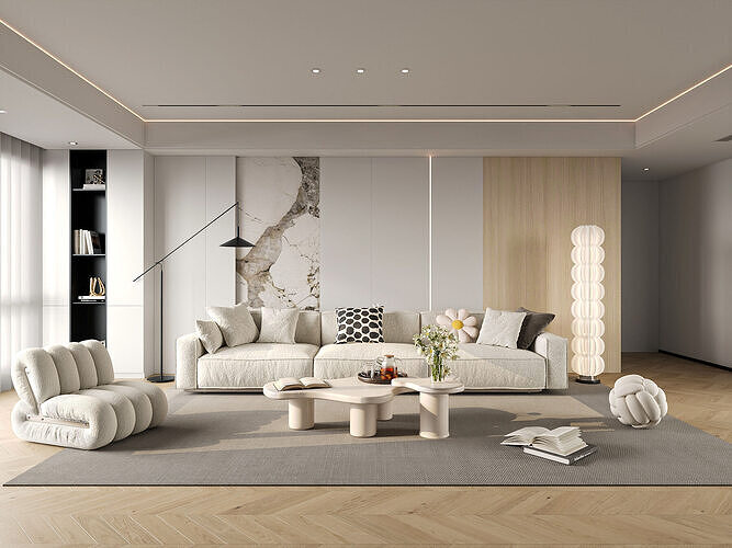 Modern Cream Living Room with Sculptural Decor 287 3D model