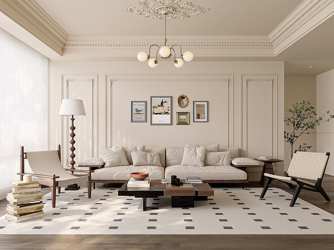 French Cream Living Room with Wall Molding  262 3D model