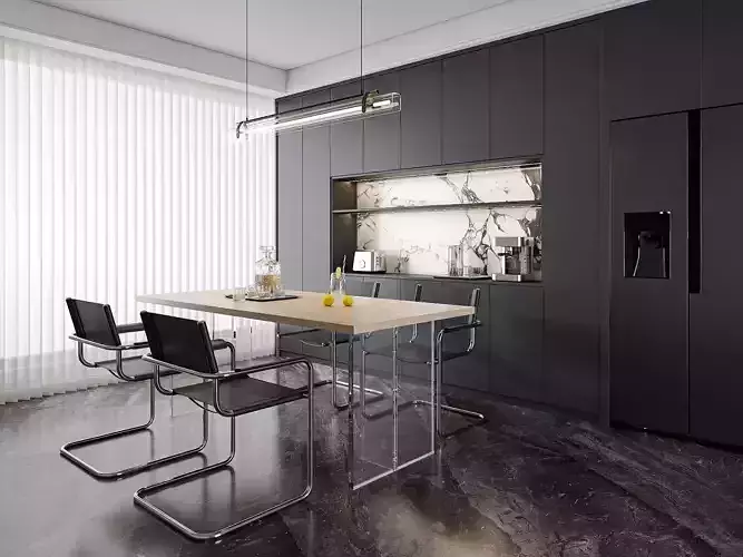 Minimalist Black Kitchen with Light Wood Dining Table 256 3D model
