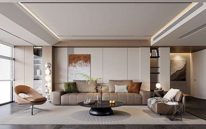 Modern Neutral Living Room with Brown Leather Sofa  242 3D model
