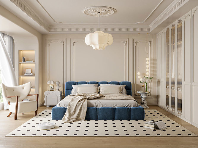 Modern French Bedroom with Blue Velvet Bed 241 3D model