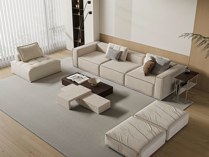Minimal Cream Living Room with Modular Sofa 231 3D model