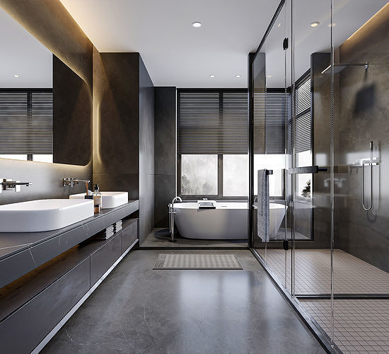 Modern Dark Minimalist Bathroom with Shower and Bathtub 215 3D model