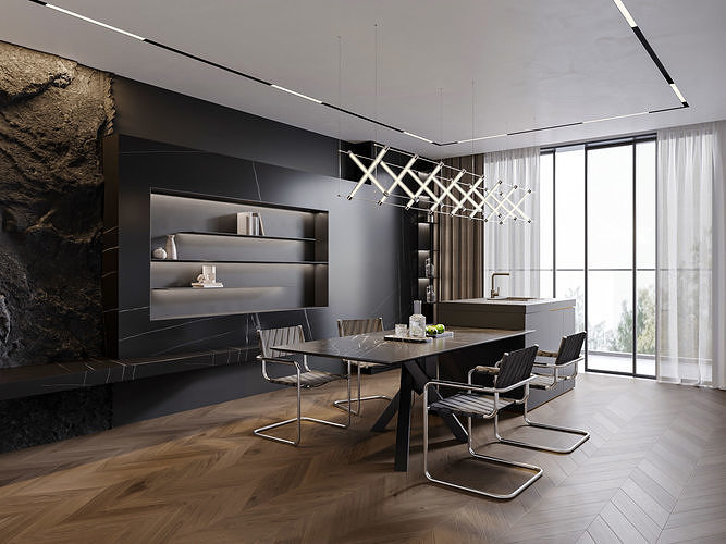 Dark Modern Dining and Kitchen Interior 203 3D model