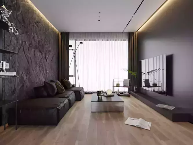 Dark Modern Minimalist Living Room 202 3D model