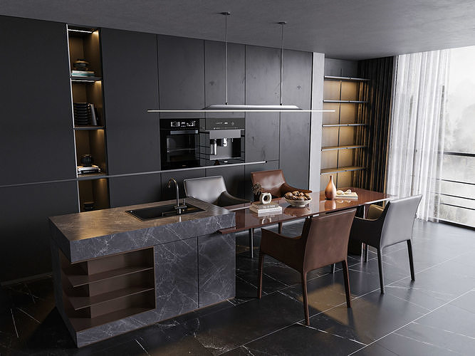 Dark Luxury Kitchen and Dining Area 200 3D model