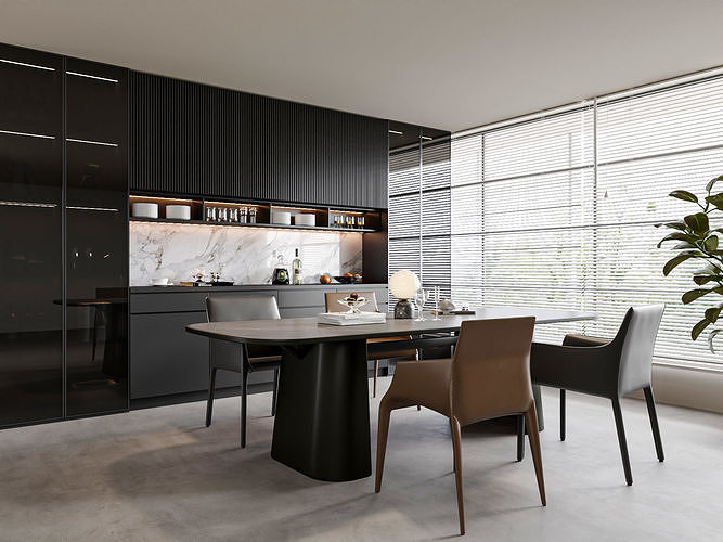 Dark Modern Kitchen and Dining Area 194 3D model