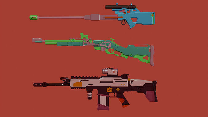 3 guns model pack Low-poly 3D model