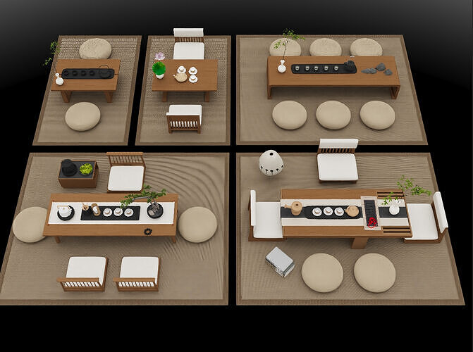 Japanese-style tea table  chairs and tatami flooring 3D model