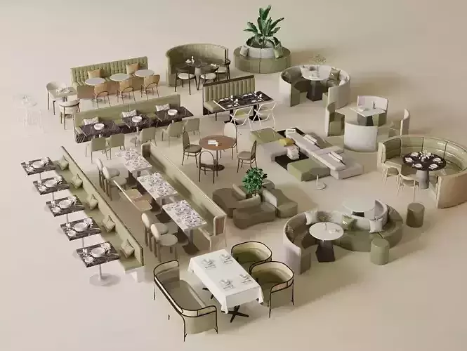 Coffee Table and Armchair Sets Cafe Interior 3D Set 087 VRAY 