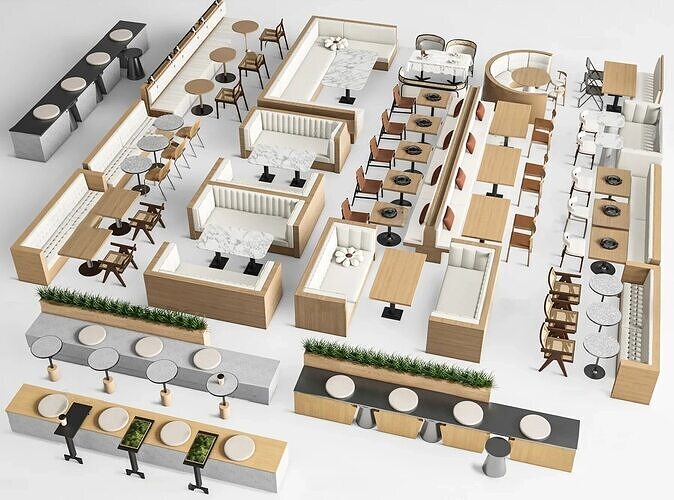Coffee Table and Armchair Sets Cafe Interior 3D Set 075 VRAY  3D model