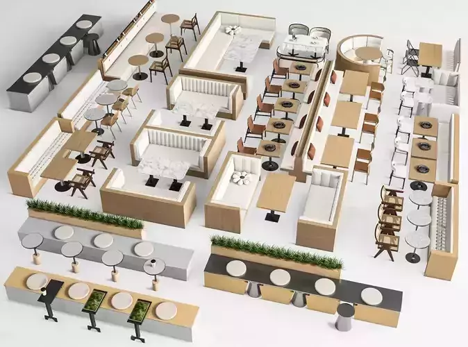 Coffee Table and Armchair Sets Cafe Interior 3D Set 075 VRAY 