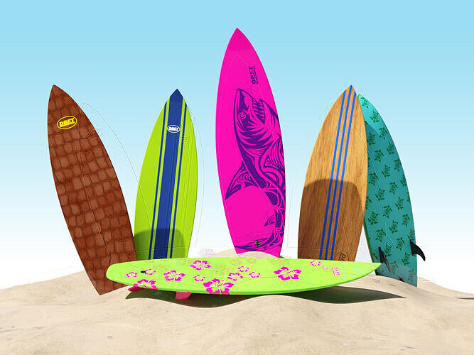 Shortboard Surfboard with 6 Custom Designs Included Low-poly 3D model