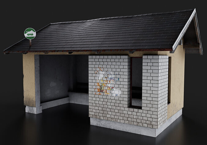 Post Soviet Bus Stop In East Europe Game Ready Low-poly 3D model