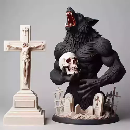 869 Ivory Werewolf Howling with Skull 3D Model beast