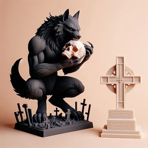 870 Ivory Werewolf Howling with Skull 3D Model beast 3D print model