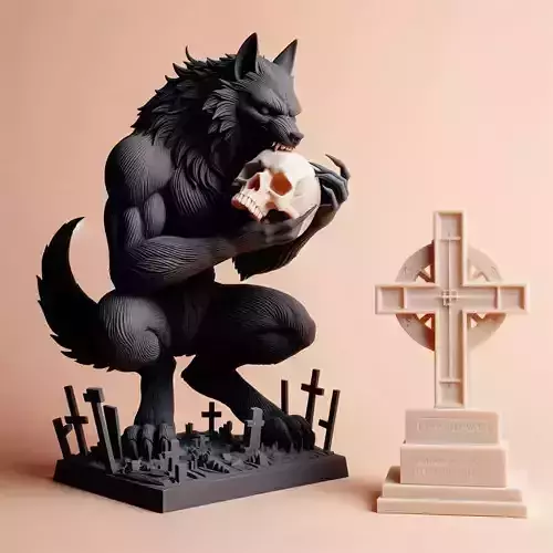 870 Ivory Werewolf Howling with Skull 3D Model beast