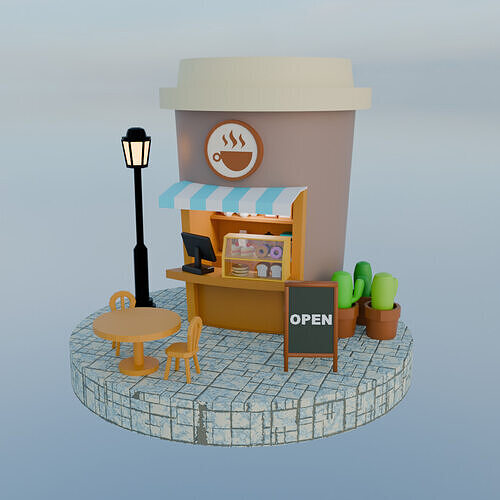 Low-poly diorama style chilled cup type cafe 3D model