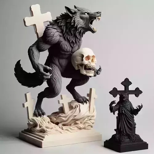 871 Ivory Werewolf Howling with Skull 3D Model beast