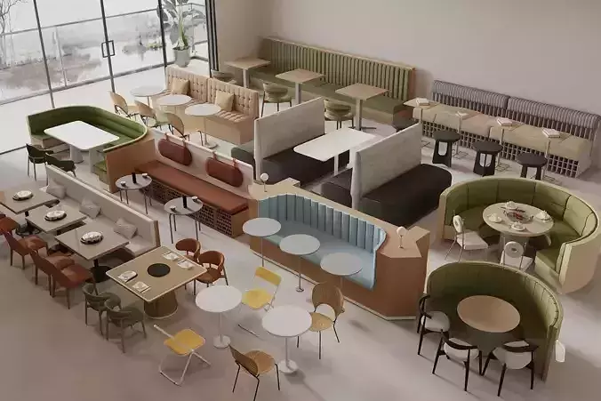 Coffee Table and Armchair Sets Cafe Interior 3D Set 069 VRAY 