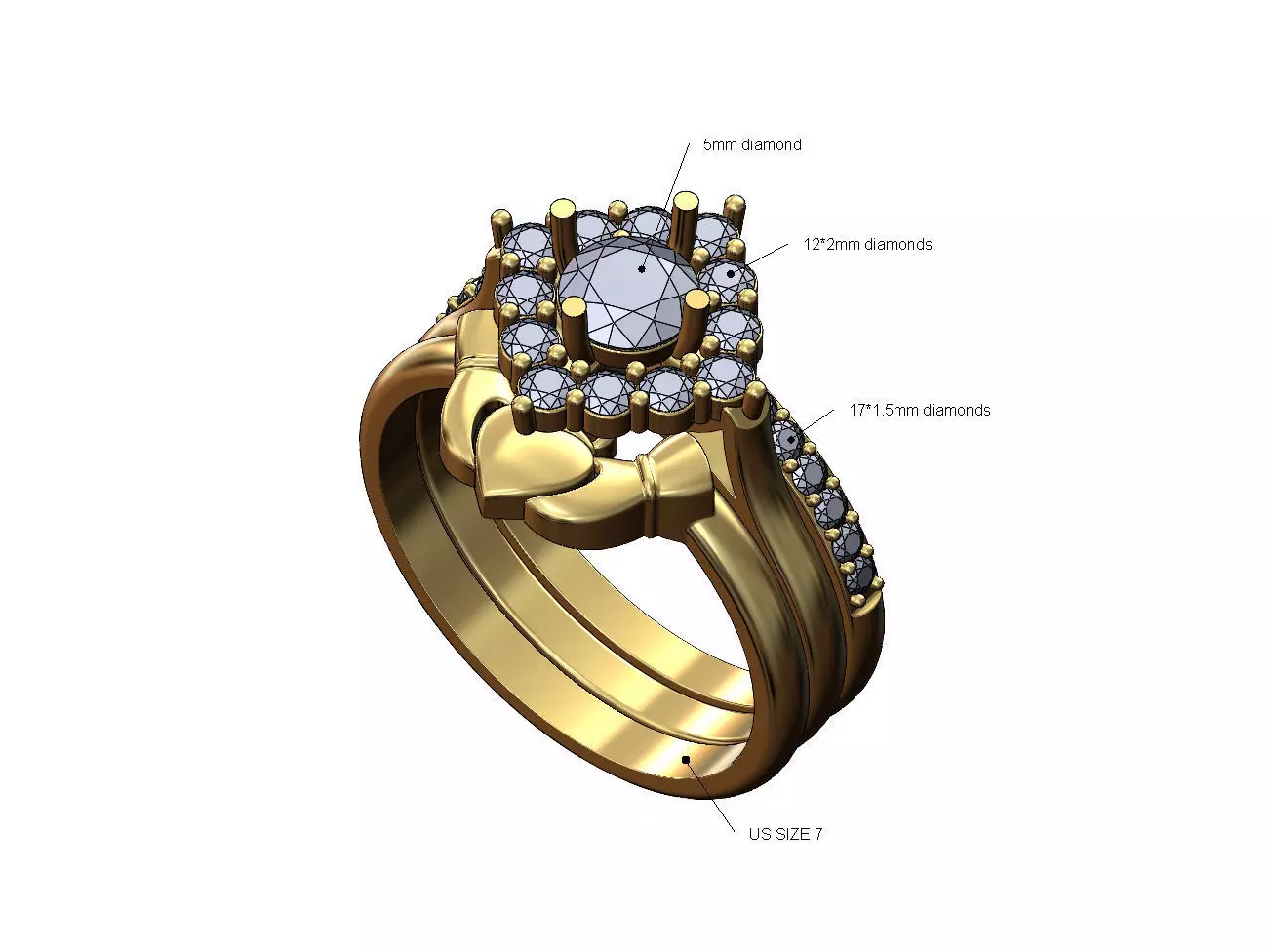 Rhombus diamond cluster Claddagh eternity guards ring US size 7 3D print model_0