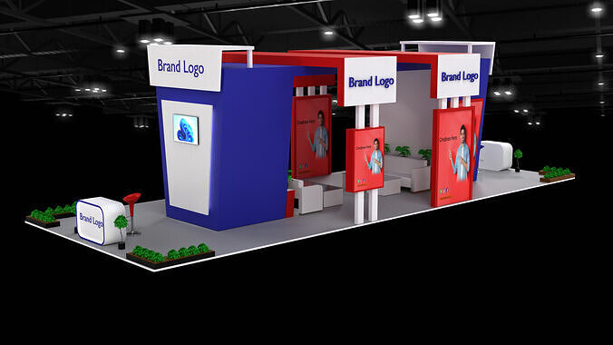 Modern exhibition display booth red and blue accent Low-poly 3D model