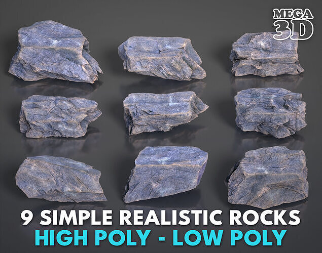 9 Simple Realistic Rocks - 250623 Low-poly 3D model