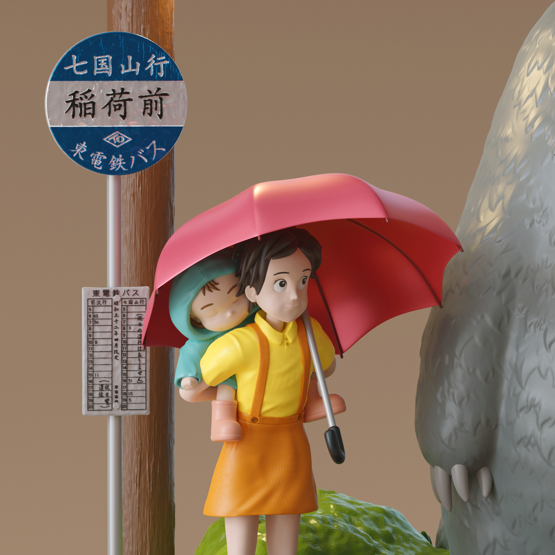 My Neighbor Totoro Umbrella Scene Rainy Bus Stop Diorama 3D print model_8