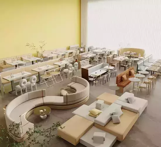 Coffee Table and Armchair Sets Cafe Interior 3D Set 054 VRAY