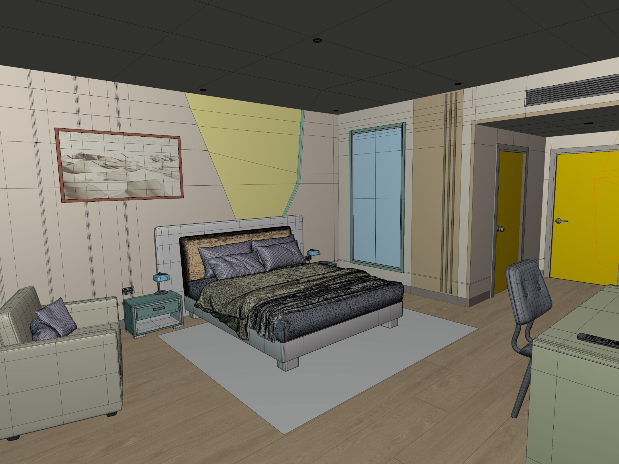 Hotel Room - Bedroom - Bed Room -- Arm Chair - Nightstand - TV 3D model_7