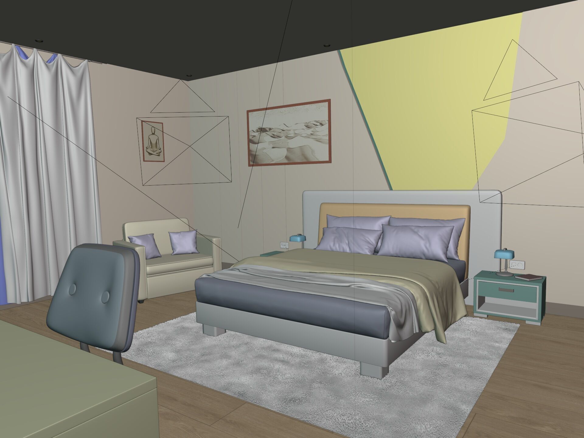 Hotel Room - Bedroom - Bed Room -- Arm Chair - Nightstand - TV 3D model_4